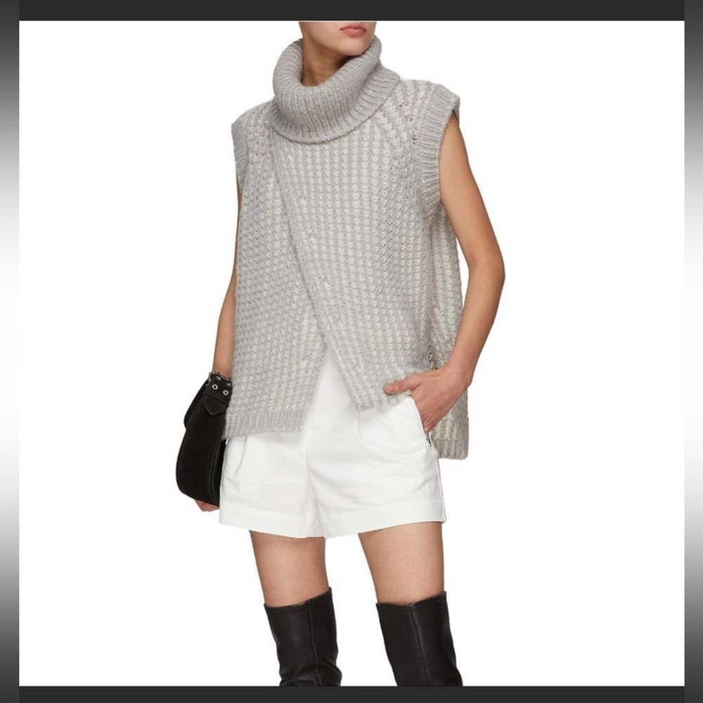 3.1 Phillip Lim Fisherman Rib Cowl Neck Slit Sweater Size L Grey-Ivory Sleeveles